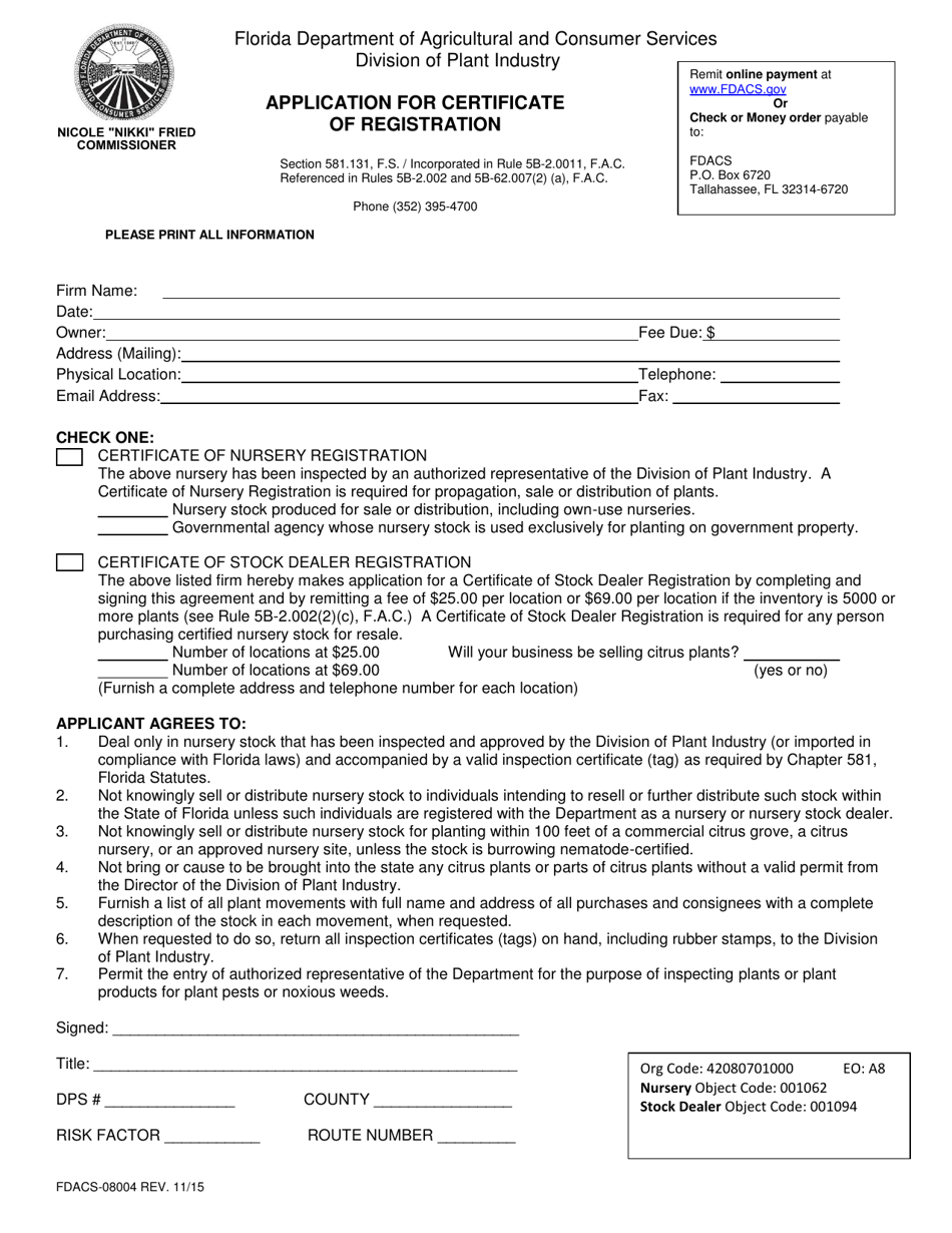 Form FDACS-08004 Application for Certificate of Registration - Florida, Page 1