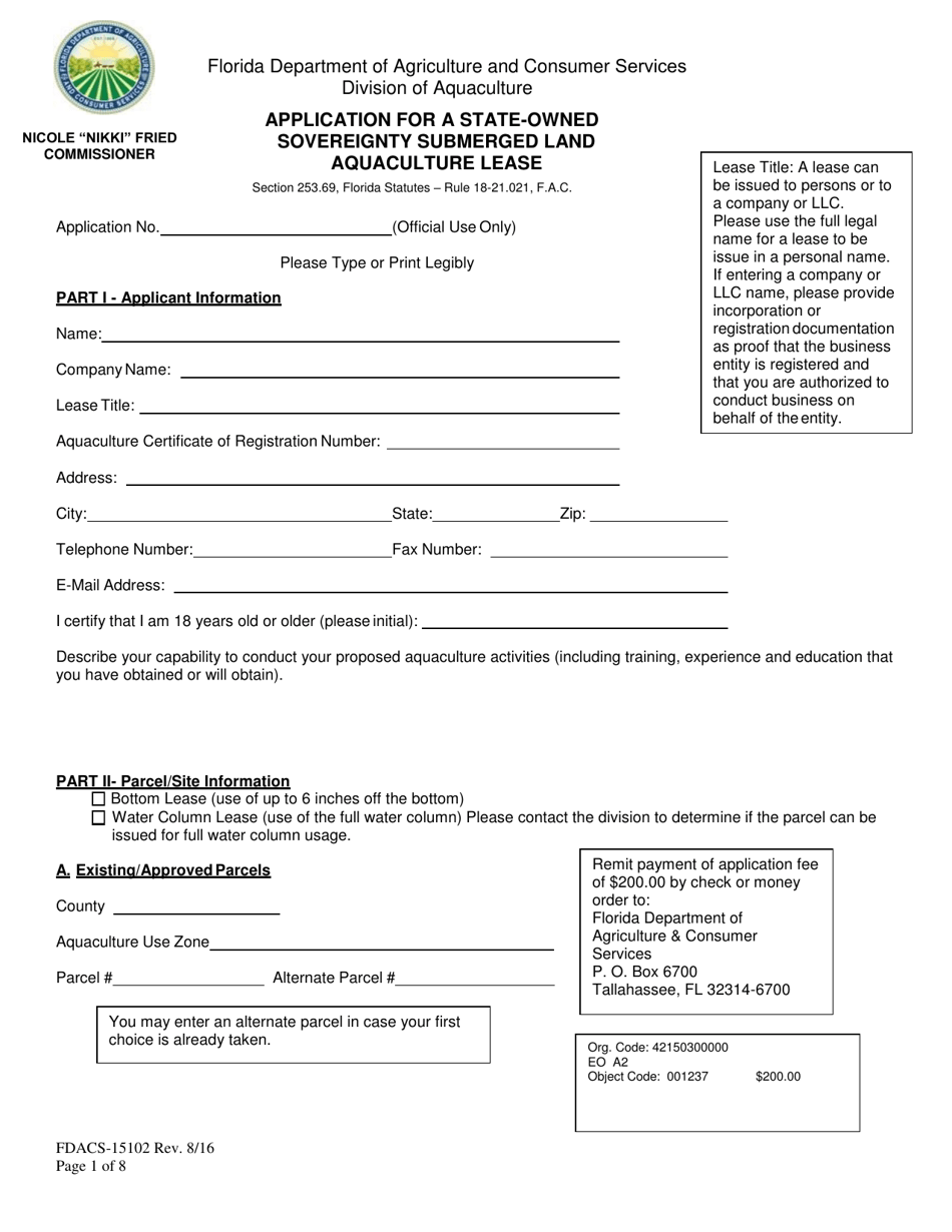 Form FDACS-15102 Application for a State-Owned Sovereignty Submerged Land (Aquaculture) Lease - Florida, Page 1