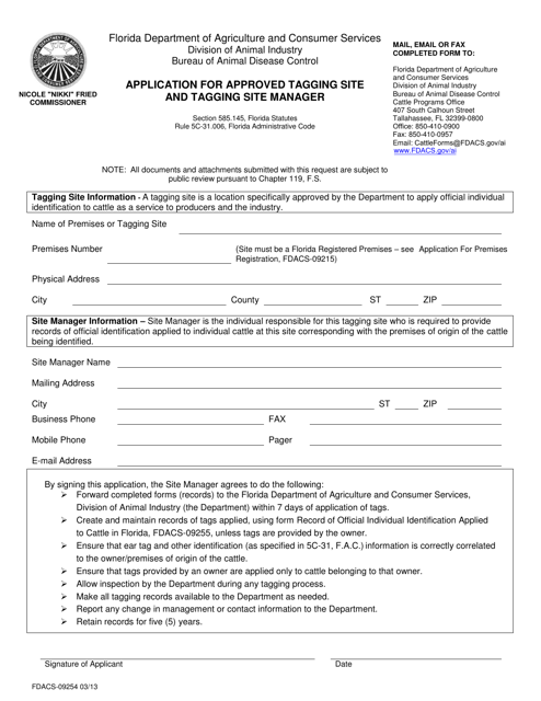 Form FDACS-09254 Application for Approved Tagging Site and Tagging Site Manager - Florida