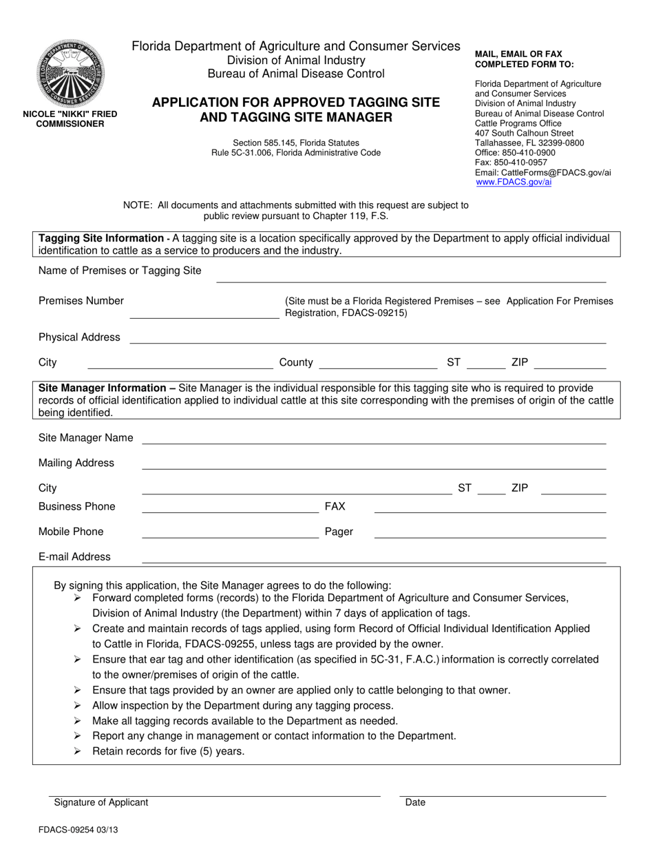 Form FDACS-09254 Application for Approved Tagging Site and Tagging Site Manager - Florida, Page 1