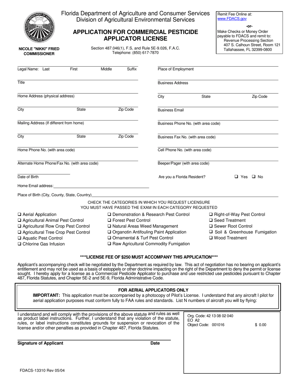 Form FDACS-13310 Application for Commercial Pesticide Applicator License - Florida, Page 1