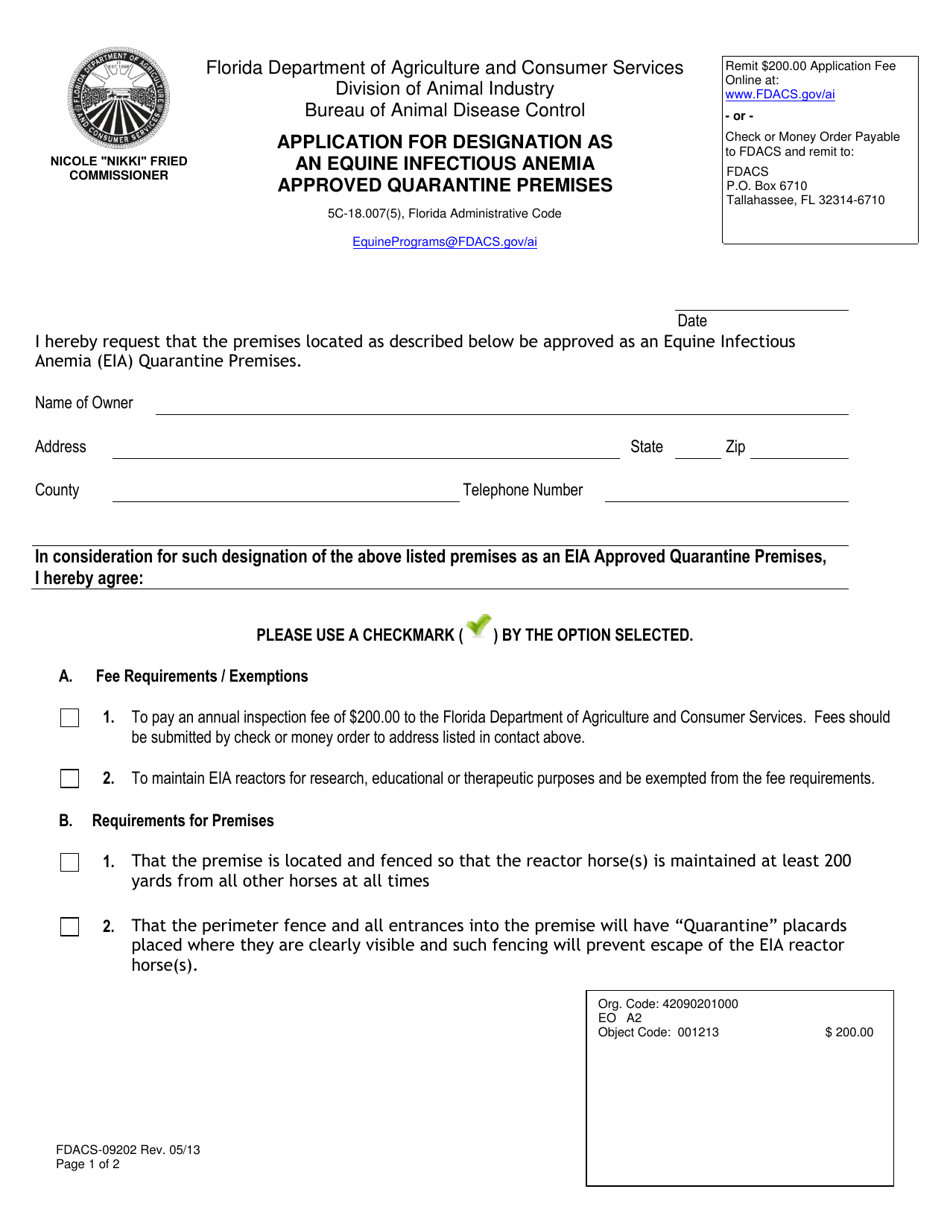 Form FDACS-09202 Application for Designation as an Equine Infectious Anemia Approved Quarantine Premises - Florida, Page 1