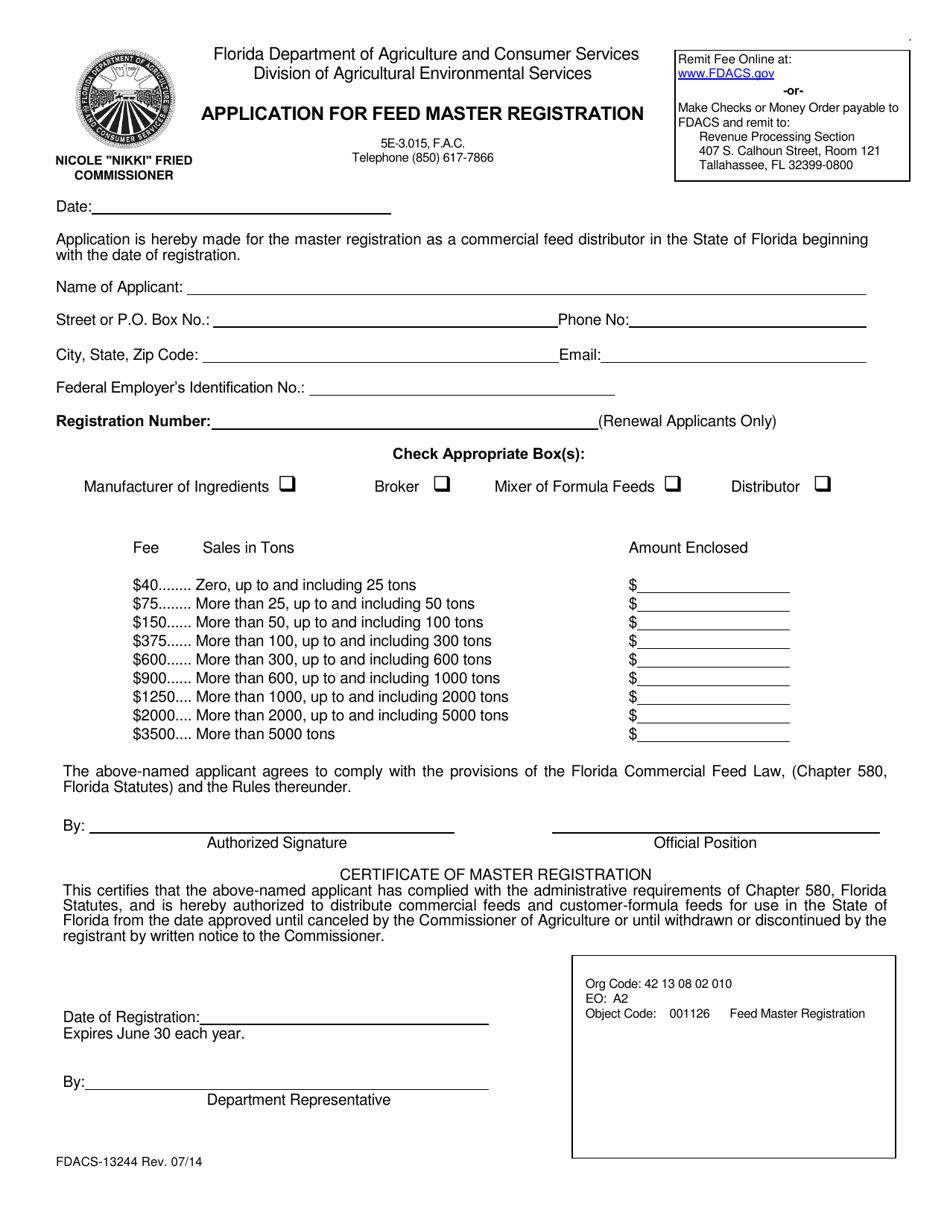 Form FDACS-13244 Application for Feed Master Registration - Florida, Page 1