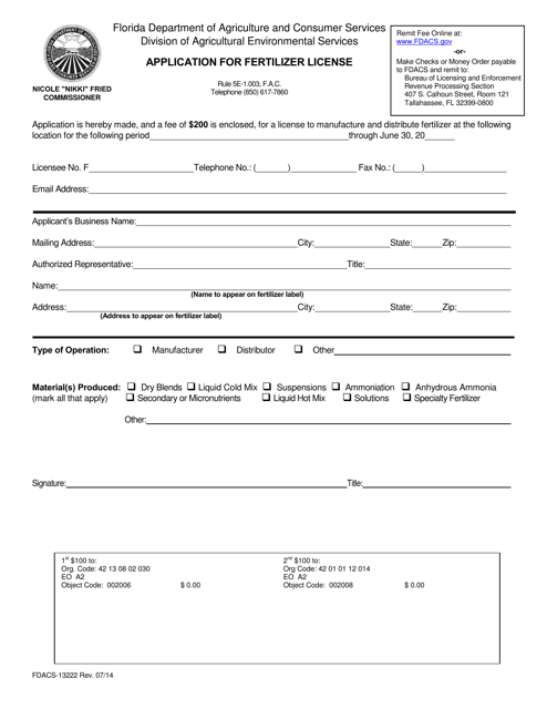 Form FDACS-13222 Application for Fertilizer License - Florida