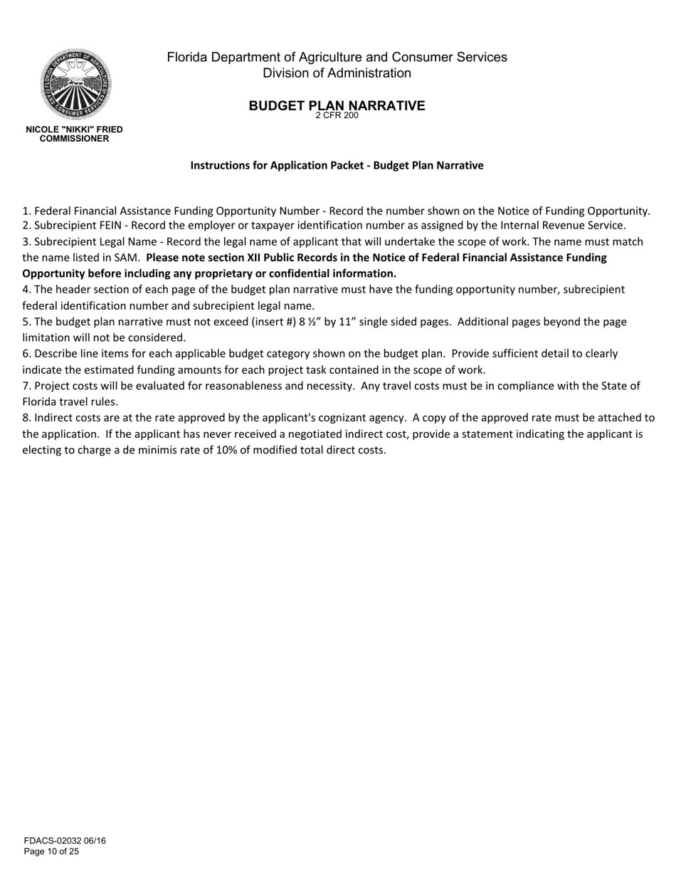 Form FDACS-02032 Application for Federal Financial Assistance Subaward - Florida, Page 10
