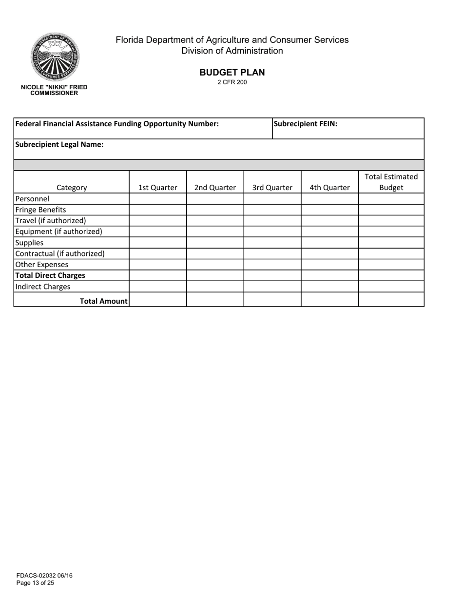Form FDACS-02032 Application for Federal Financial Assistance Subaward - Florida, Page 13