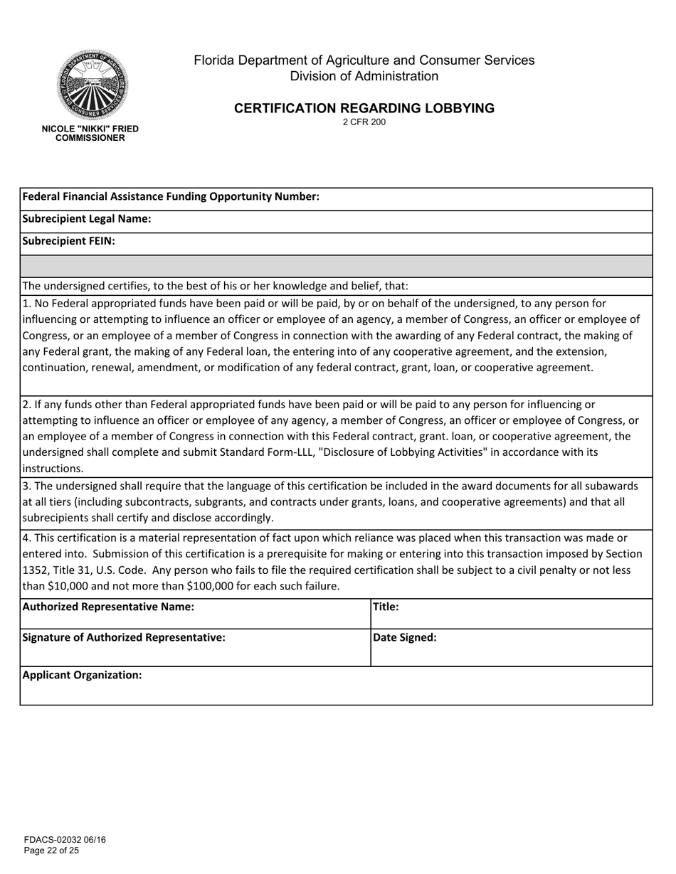 Form FDACS-02032 Application for Federal Financial Assistance Subaward - Florida, Page 22