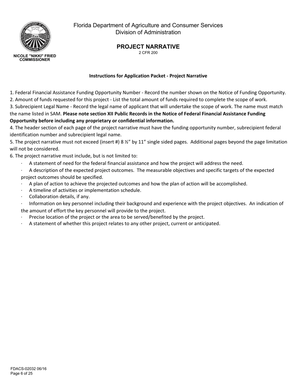 Form FDACS-02032 Application for Federal Financial Assistance Subaward - Florida, Page 6