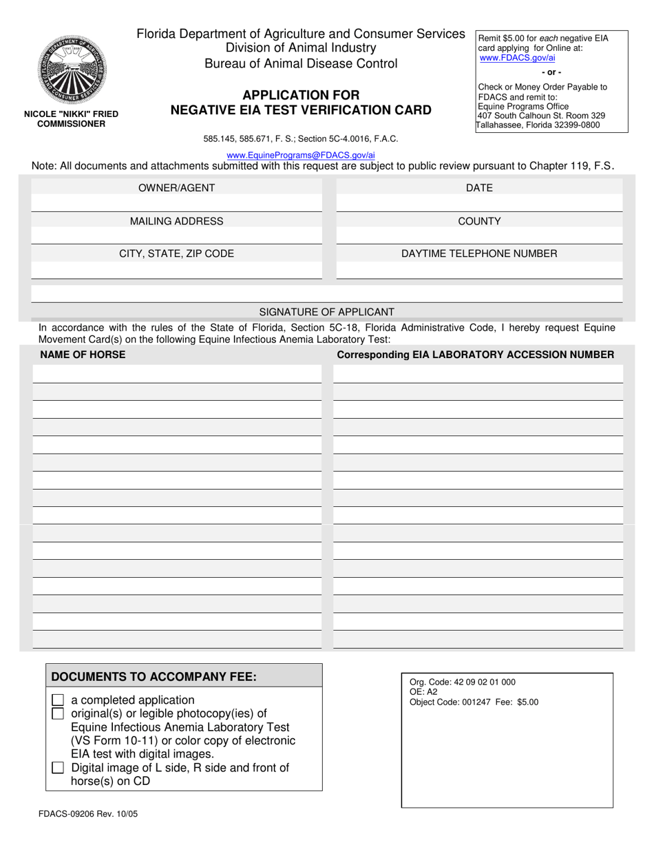 Form FDACS-09206 Application for Negative Eia Test Verification Card - Florida, Page 1
