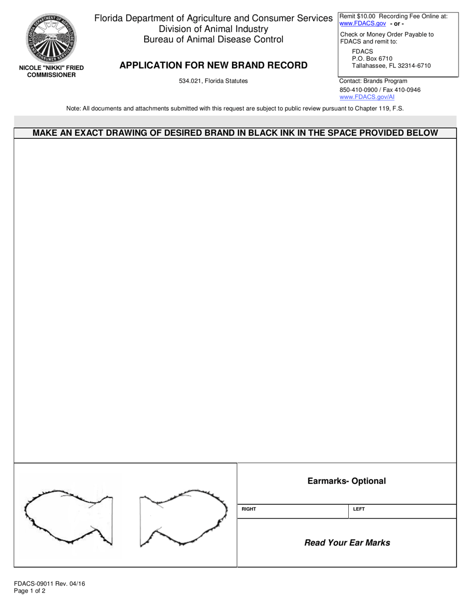 Form FDACS-09011 Application for New Brand Record - Florida, Page 1
