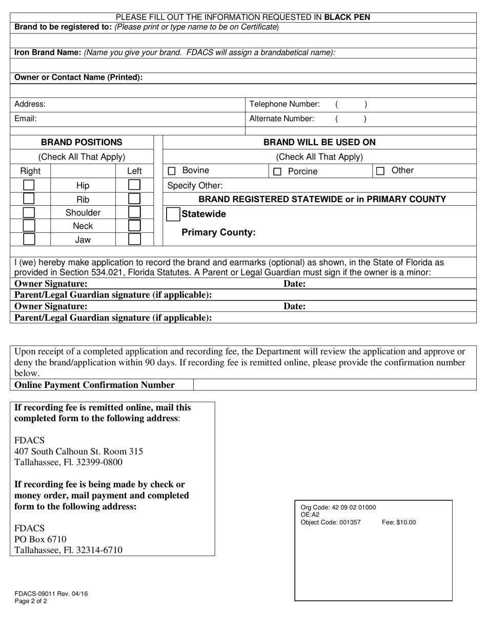 Form FDACS-09011 Application for New Brand Record - Florida, Page 2