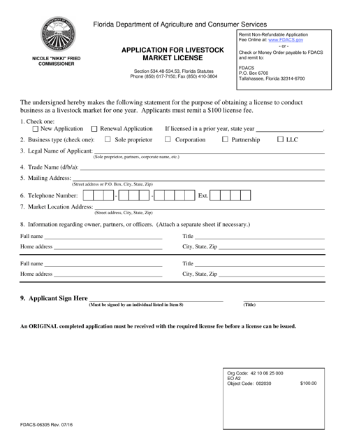 Form FDACS-06305 Application for Livestock Market License - Florida