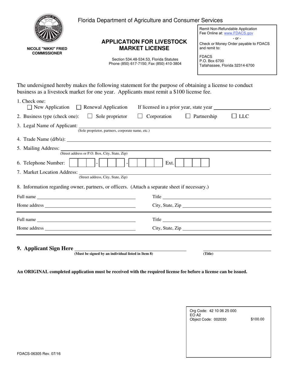 Form FDACS-06305 Application for Livestock Market License - Florida, Page 1