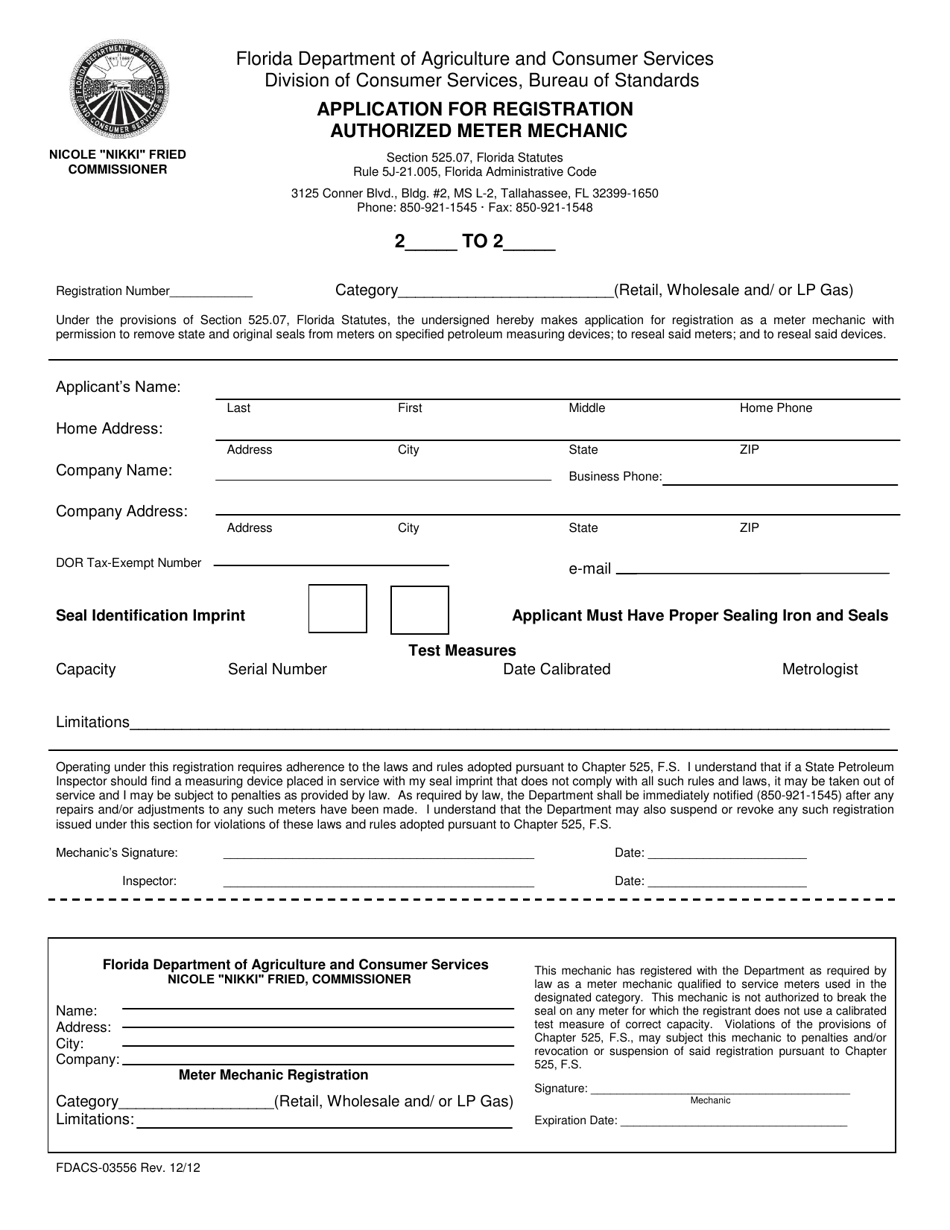 Form FDACS-03556 Application for Registration Authorized Meter Mechanic - Florida, Page 1