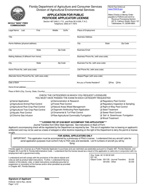 Form FDACS-13313  Printable Pdf