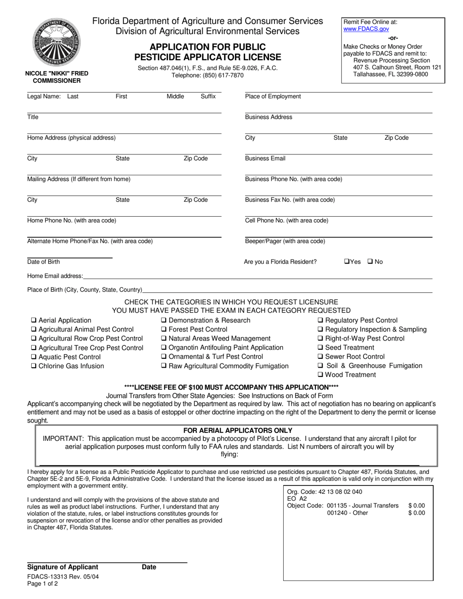 Form FDACS-13313 Application for Public Pesticide Applicator License - Florida, Page 1