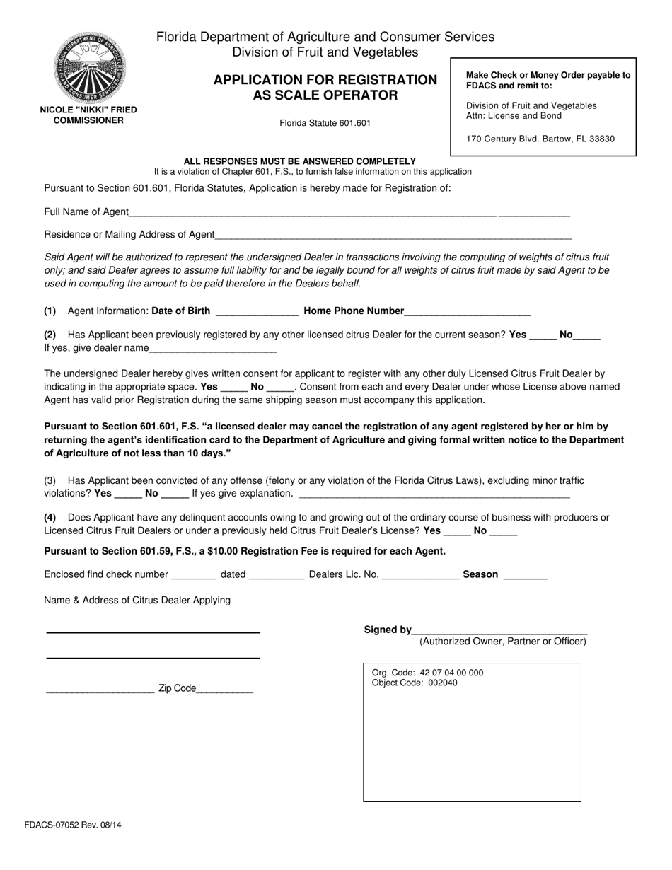 Form FDACS-07052 Application for Registration as Scale Operator - Florida, Page 1