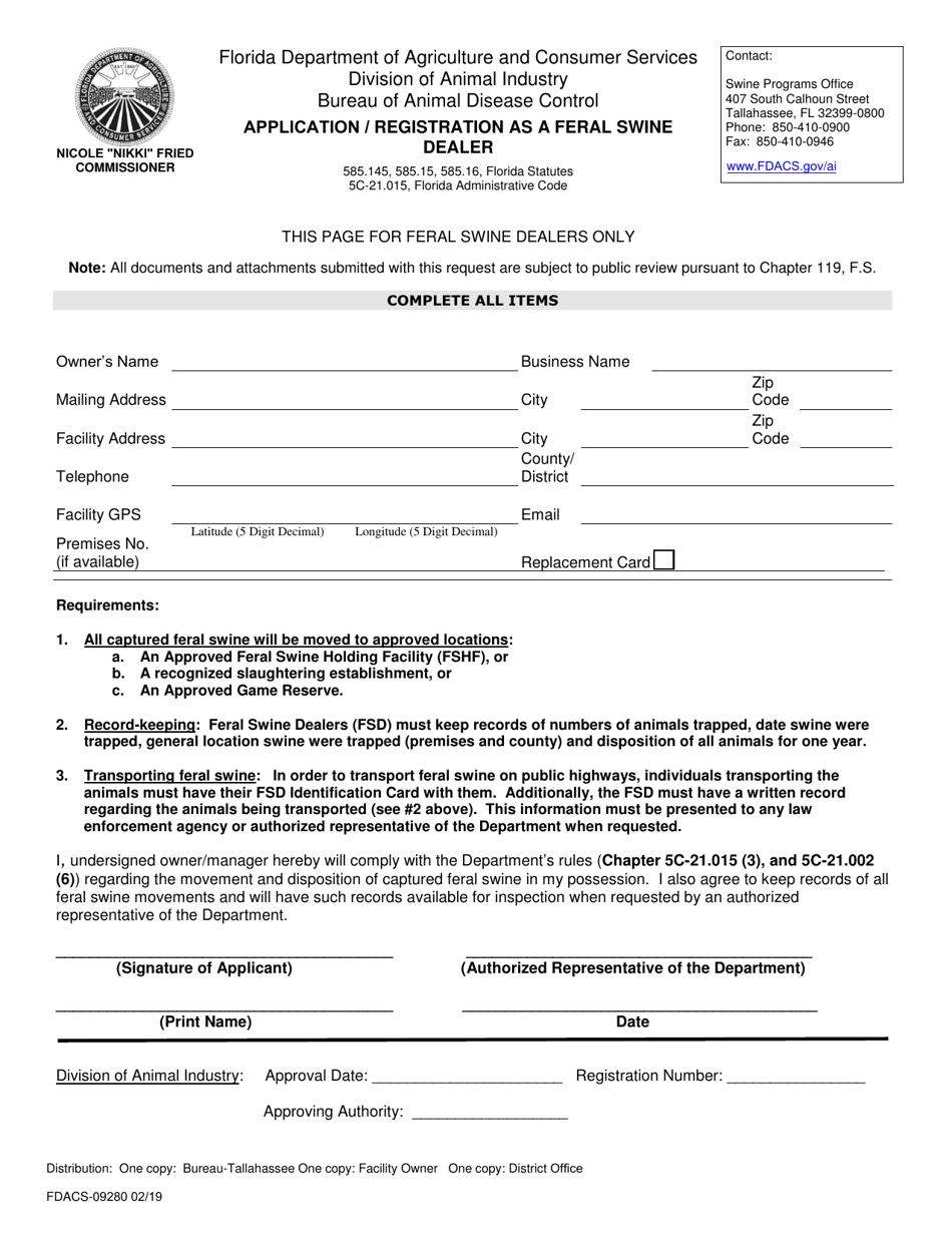 Form FDACS-09280 Application / Registration as a Feral Swine Dealer - Florida, Page 1