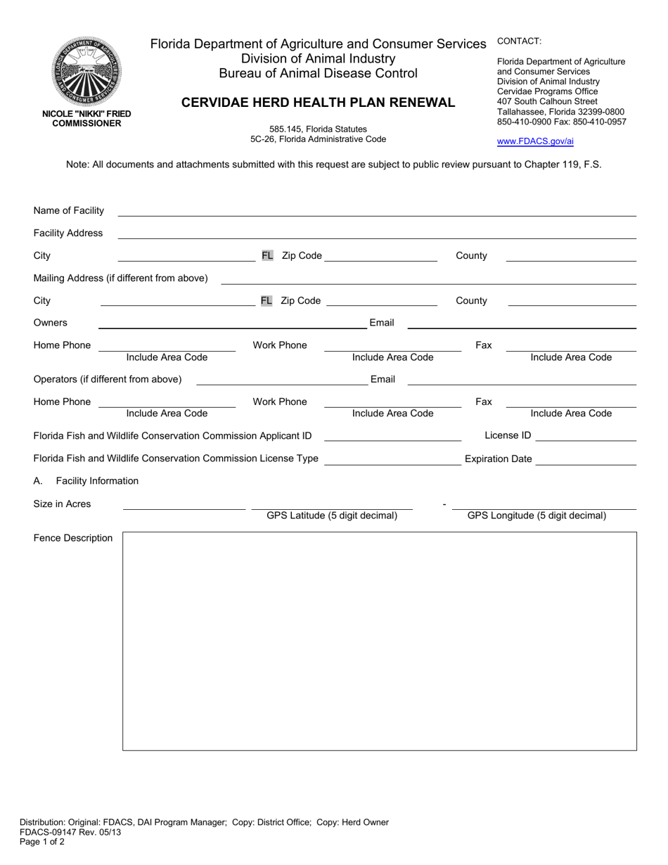 Form FDACS-09147 Cervidae Herd Health Plan Renewal - Florida, Page 1