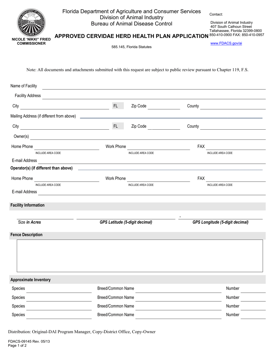 Form FDACS-09145 Approved Cervidae Herd Health Plan Application - Florida, Page 1