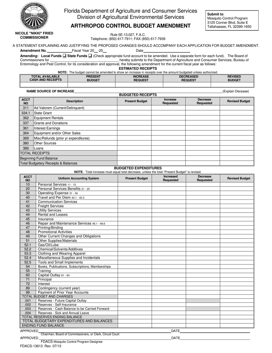 Form FDACS-13613 Arthropod Control Budget Amendment - Florida, Page 1