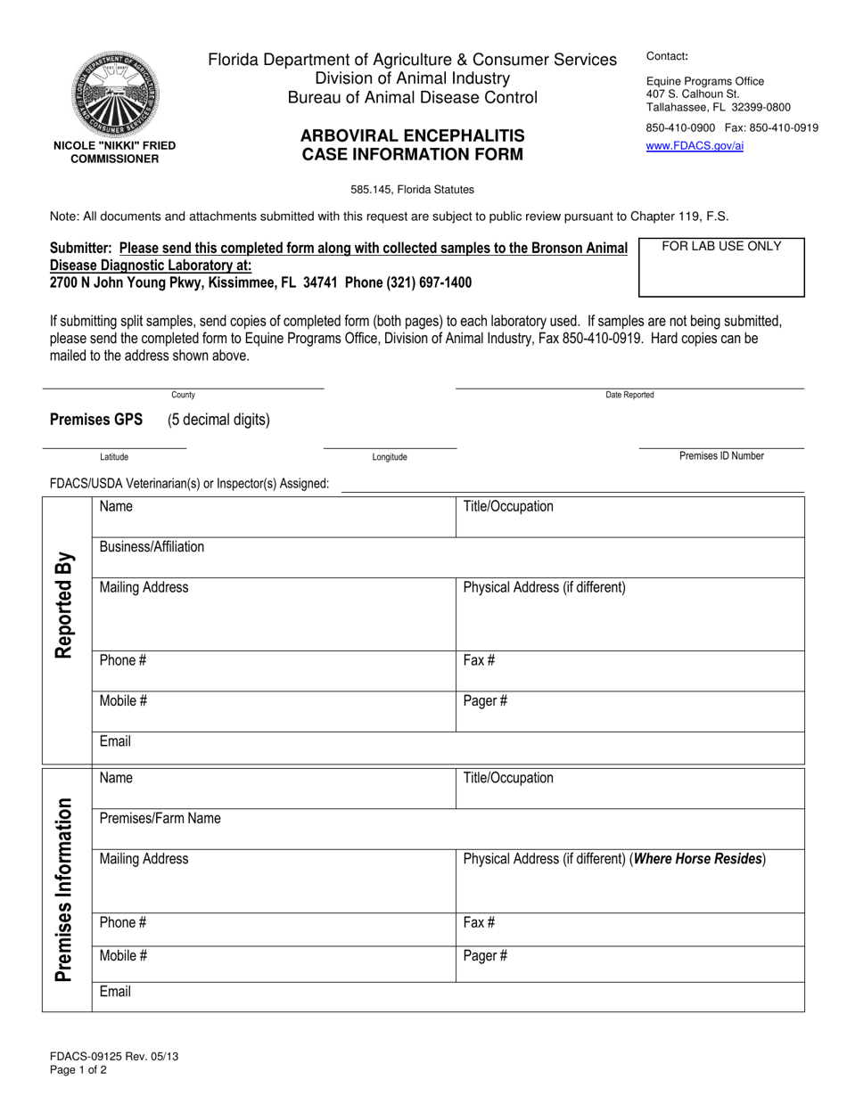 Form FDACS-09125 Arboviral Encephalitis Case Information Form - Florida, Page 1