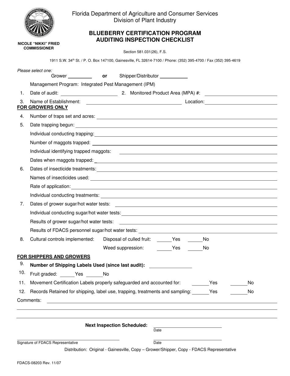 Form FDACS-08203 Blueberry Certification Program Auditing Inspection Checklist - Florida, Page 1