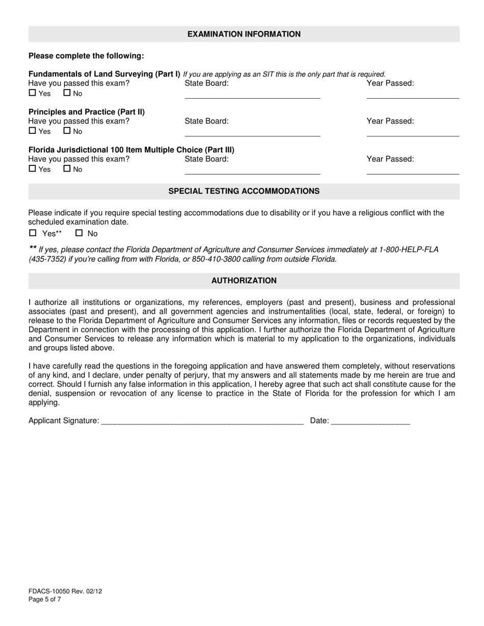 Form FDACS-10050 Board of Professional Surveyors and Mappers Application for Licensure by Examination or Endorsement - Florida, Page 7