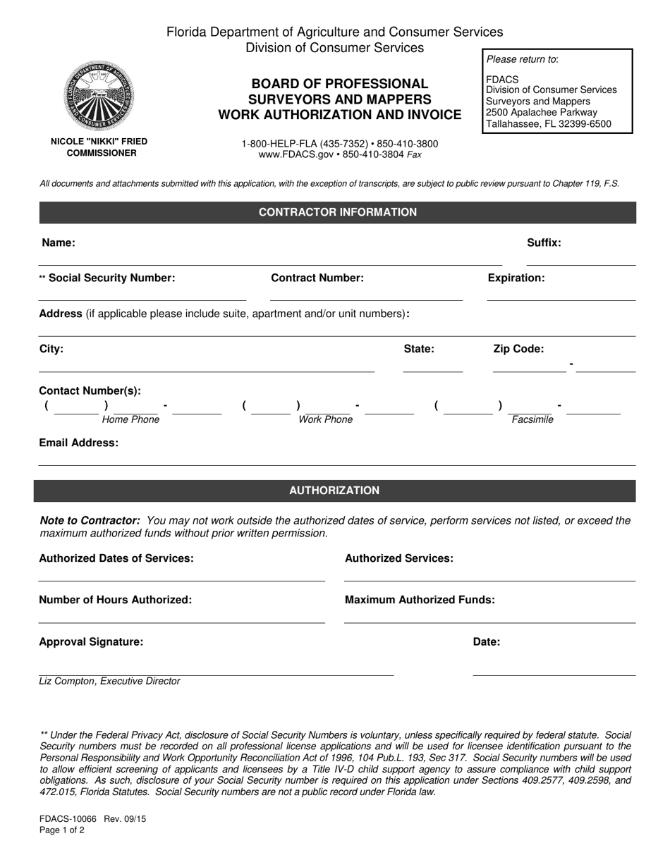 Form FDACS-10066 Board of Professional Surveyors and Mappers Work Authorization and Invoice - Florida, Page 1