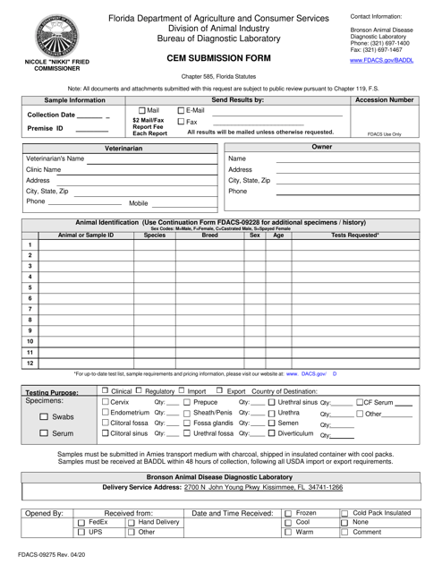 Form FDACS-09275  Printable Pdf