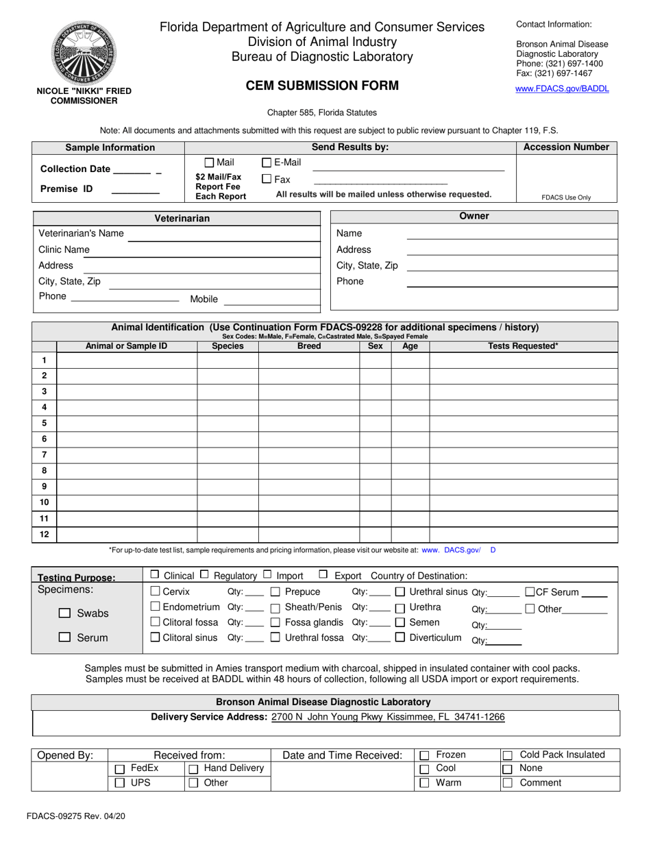 Form FDACS-09275 Cem Submission Form - Florida, Page 1