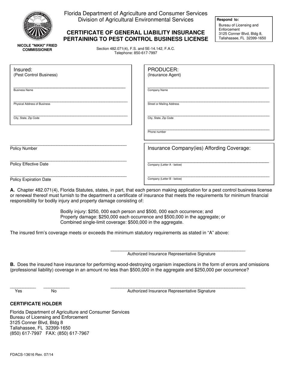 Form FDACS-13616 Certificate of General Liability Insurance Pertaining to Pest Control Business License - Florida, Page 1