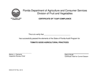Document preview: Form DACS-07157 Certificate of T-Gap Compliance - Florida