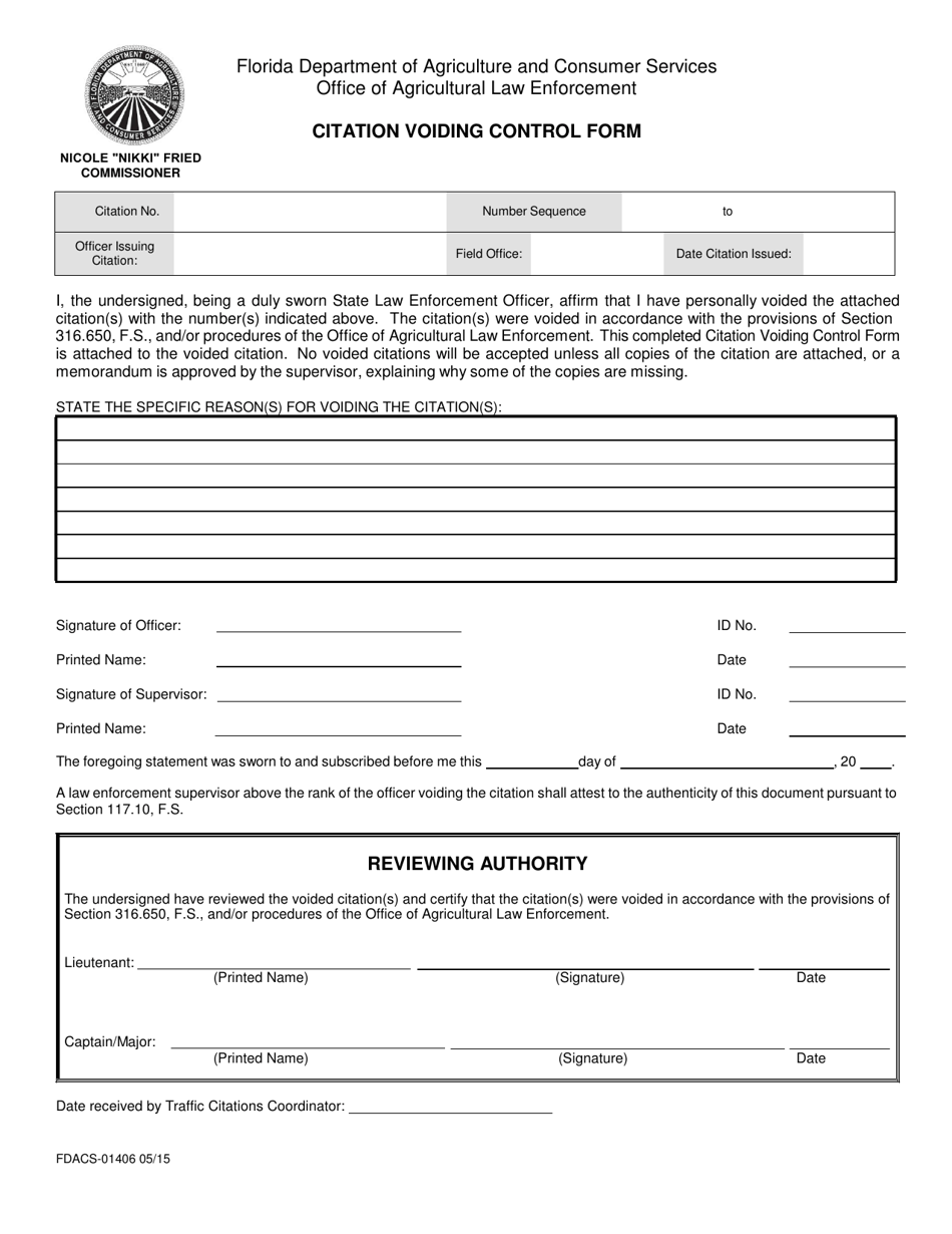 Form FDACS-01406 Citation Voiding Control Form - Florida, Page 1
