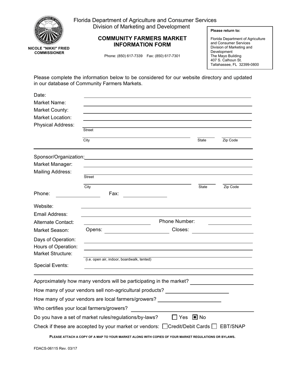 Form FDACS-06115 Community Farmers Market Information Form - Florida, Page 1