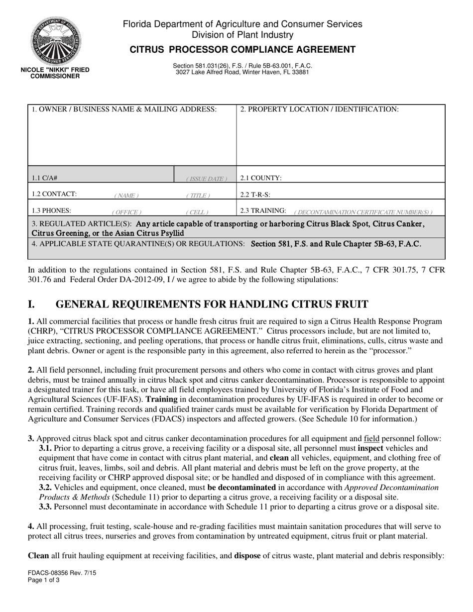 Form FDACS-08356 Citrus Processor Compliance Agreement - Florida, Page 1