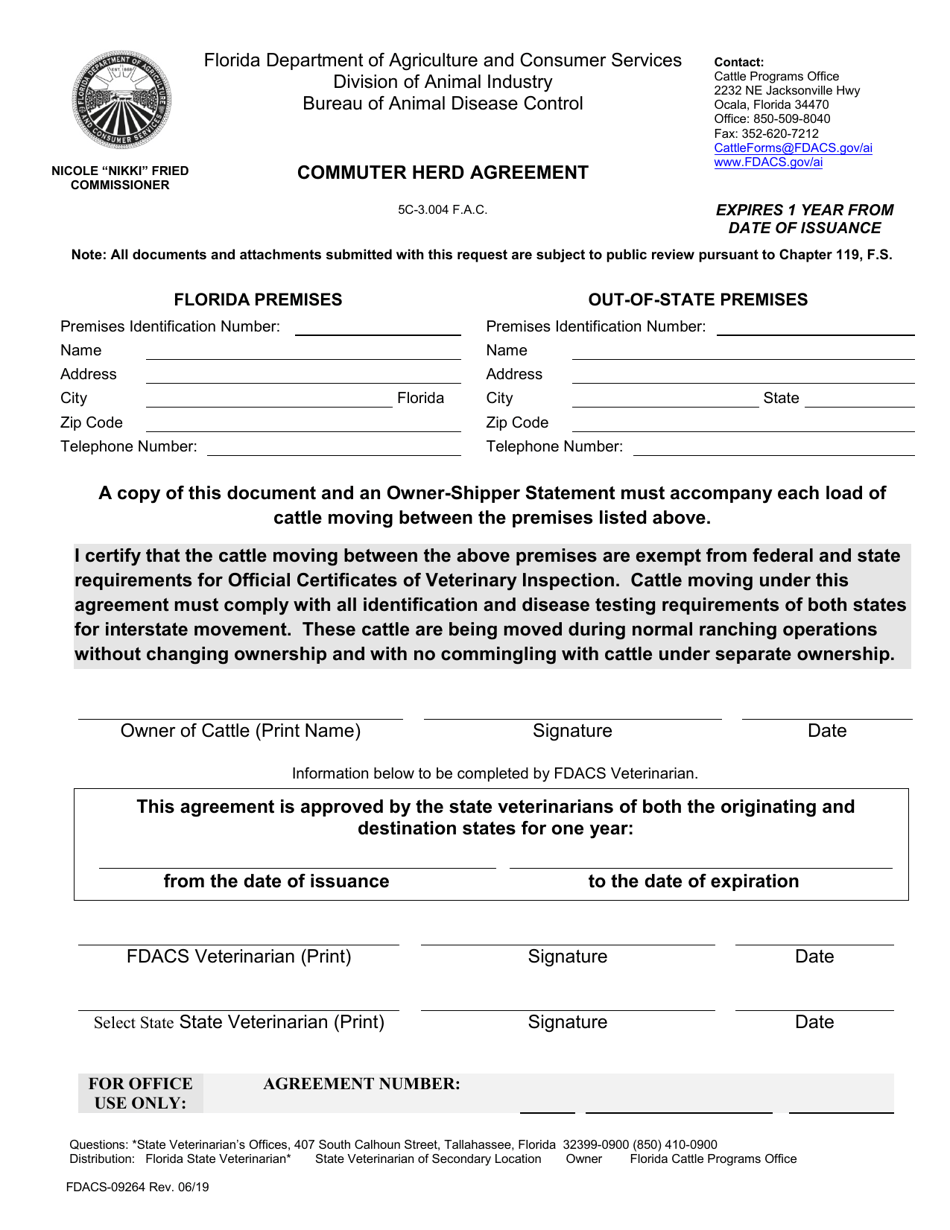 Form FDACS-09264 Commuter Herd Agreement - Florida, Page 1