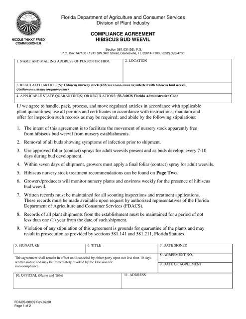 Form FDACS-08039 Compliance Agreement Hibiscus Bud Weevil - Florida