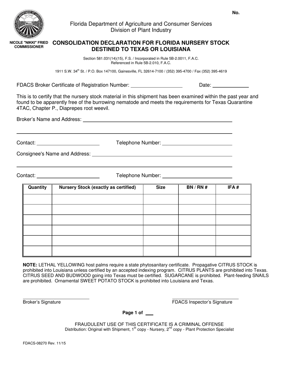 Form FDACS-08270 Consolidation Declaration for Florida Nursery Stock Destined to Texas or Louisiana - Florida, Page 1