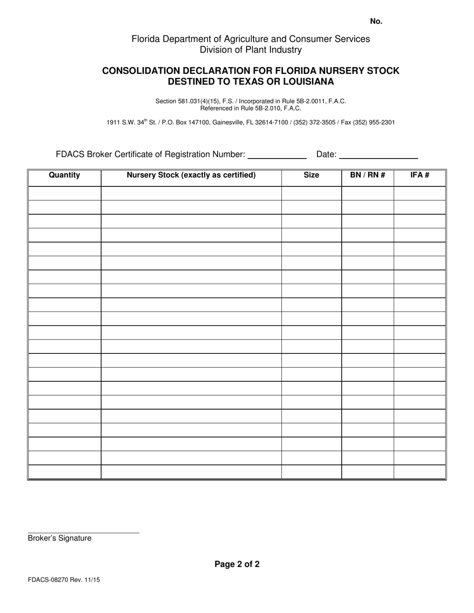Form FDACS-08270 Consolidation Declaration for Florida Nursery Stock Destined to Texas or Louisiana - Florida, Page 2