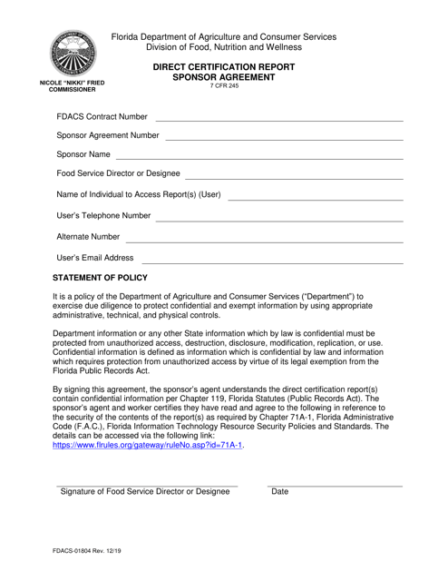 Form FDACS-01804 Direct Certification Report Sponsor Agreement - Florida