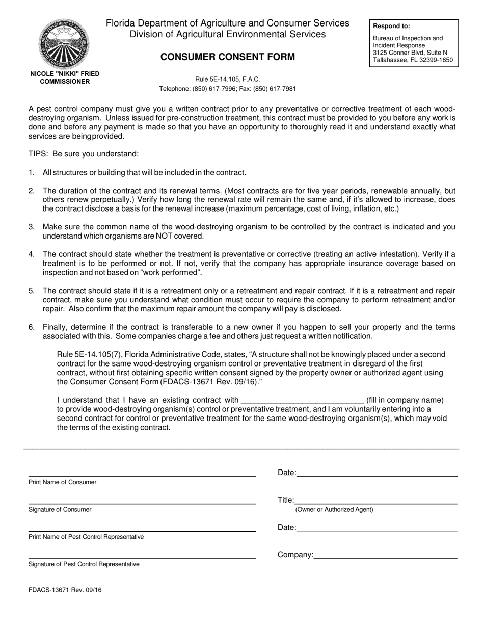 Form FDACS-13671 Consumer Consent Form - Florida, Page 1