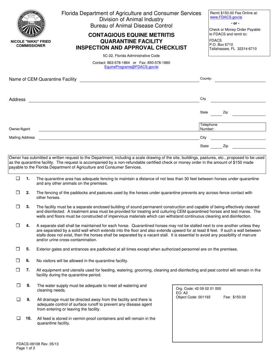 Form FDACS-09108 Contagious Equine Metritis Quarantine Facility Inspection and Approval Checklist - Florida, Page 1