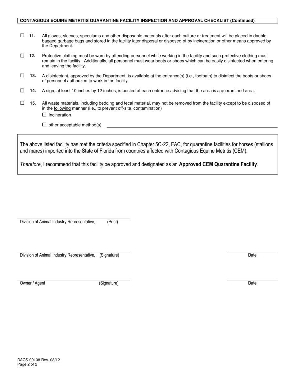 Form FDACS-09108 Contagious Equine Metritis Quarantine Facility Inspection and Approval Checklist - Florida, Page 2
