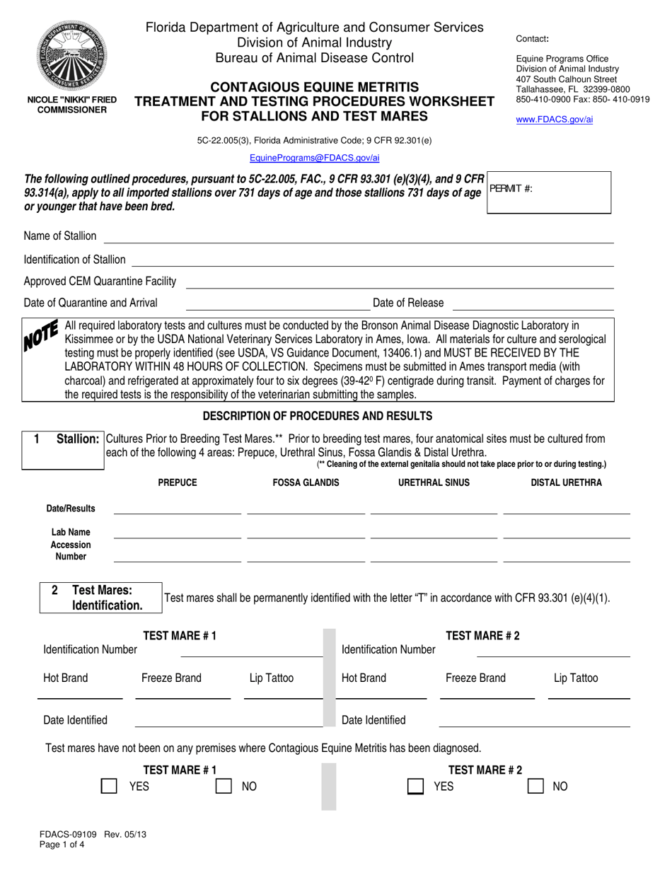 Form FDACS-09109 Contagious Equine Metritis Treatment and Testing Procedures Worksheet for Stallions and Test Mares - Florida, Page 1