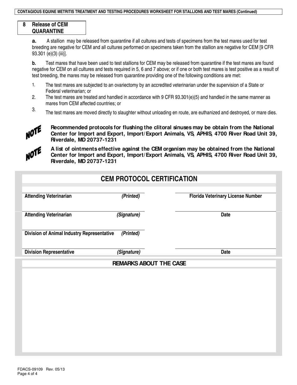 Form FDACS-09109 Contagious Equine Metritis Treatment and Testing Procedures Worksheet for Stallions and Test Mares - Florida, Page 4