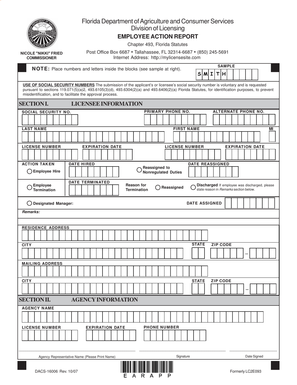Form DACS-16006 Employee Action Report - Florida, Page 1