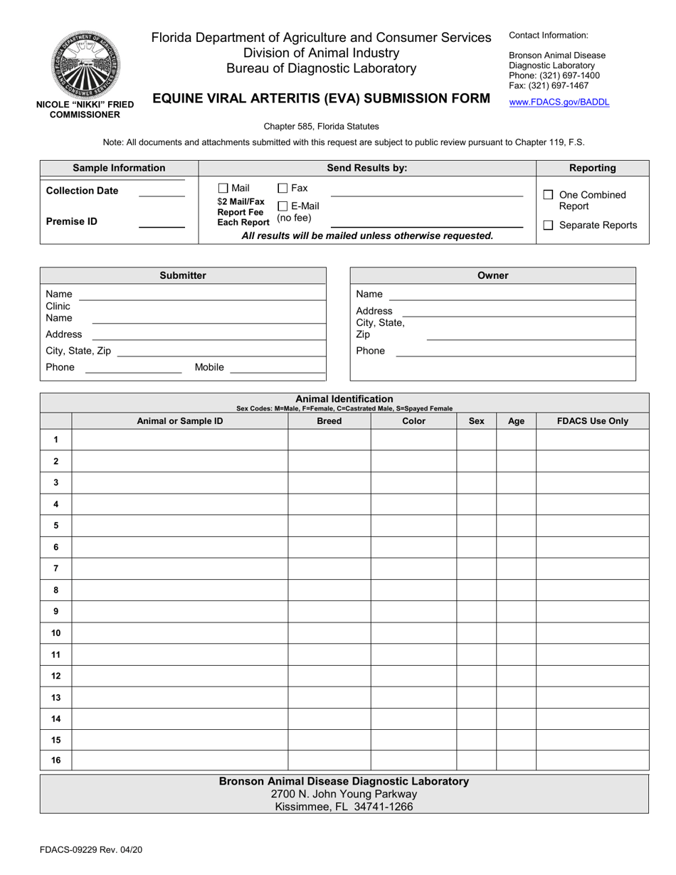 Form FDACS-09229 Equine Viral Arteritis (Eva) Submission Form - Florida, Page 1