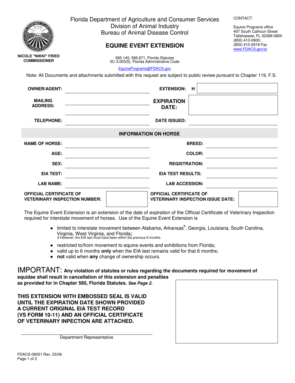 Form FDACS-09051 Equine Event Extension - Florida, Page 1