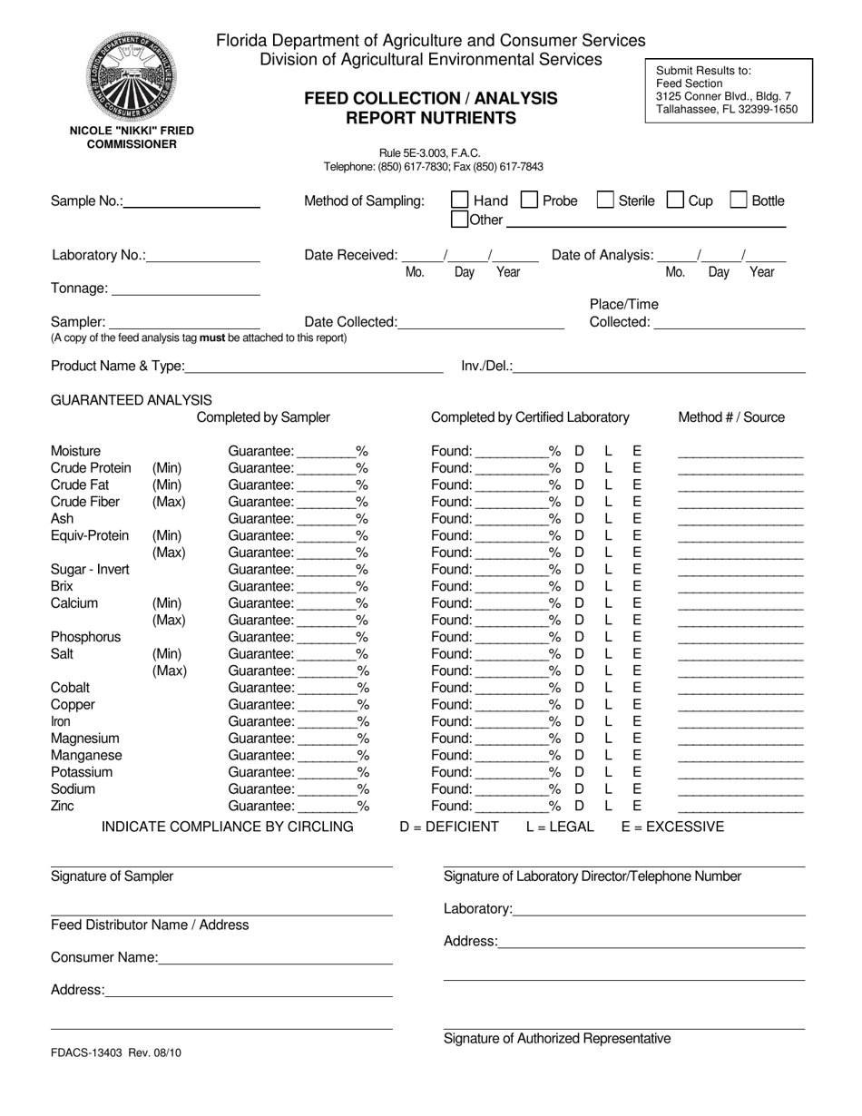 Form FDACS-13403 Feed Collection / Analysis Report Nutrients - Florida, Page 1